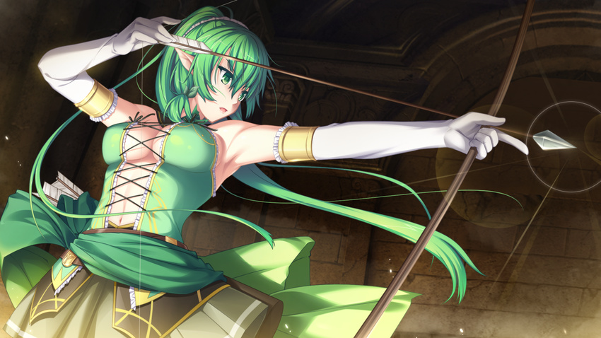 bare_shoulders bow_(weapon) elf female female game_cg gloves green_eyes green_hair green_skirt ikusa_megami_(series) long_hair lue_(ikusa_megami) midriff mitsuki navel open_mouth pointy_ears ponytail skirt solo tenbin_no_la_dea_~ikusa_megami_memoria~ weapon white_gloves