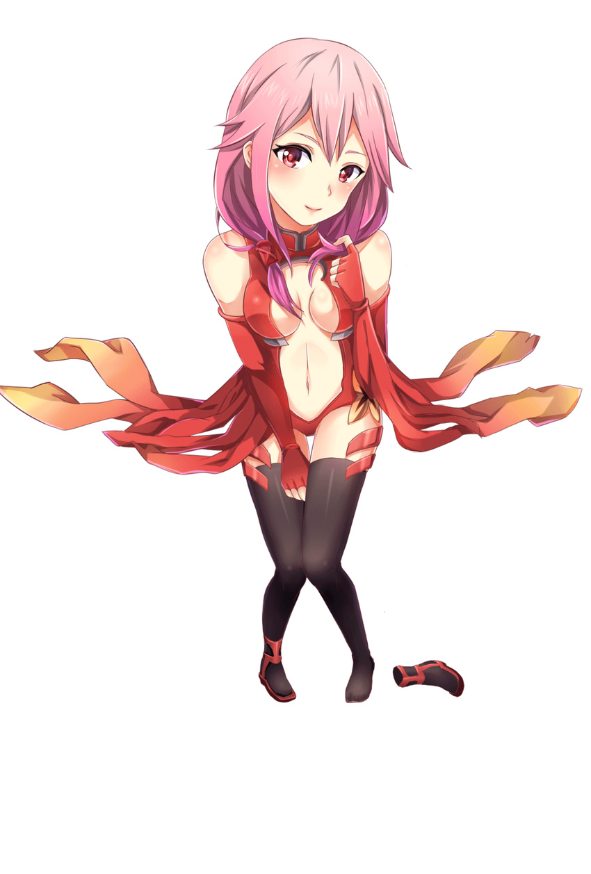 bare_shoulders black_thighhighs breasts center_opening cleavage commentary_request detached_sleeves elbow_gloves female fingerless_gloves gloves guilty_crown hair_ornament hairclip highres long_hair looking_at_viewer navel pink_hair red_eyes small_breasts smile solo thighhighs twintails w-verne yuzuriha_inori