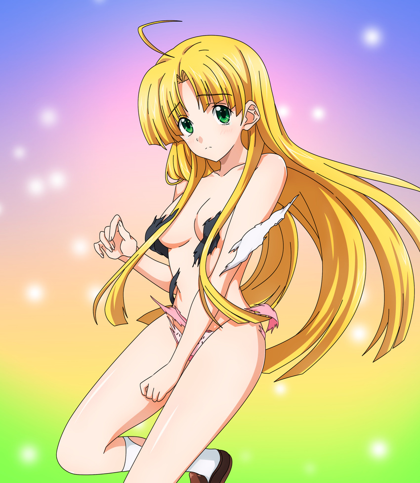 absurdres ahoge asia_argento blonde_hair breasts commentary_request female green_eyes high_school_dxd highres long_hair looking_at_viewer maximilian-destroyer panties pink_panties small_breasts socks solo torn_clothes torn_panties torn_socks underwear white_socks