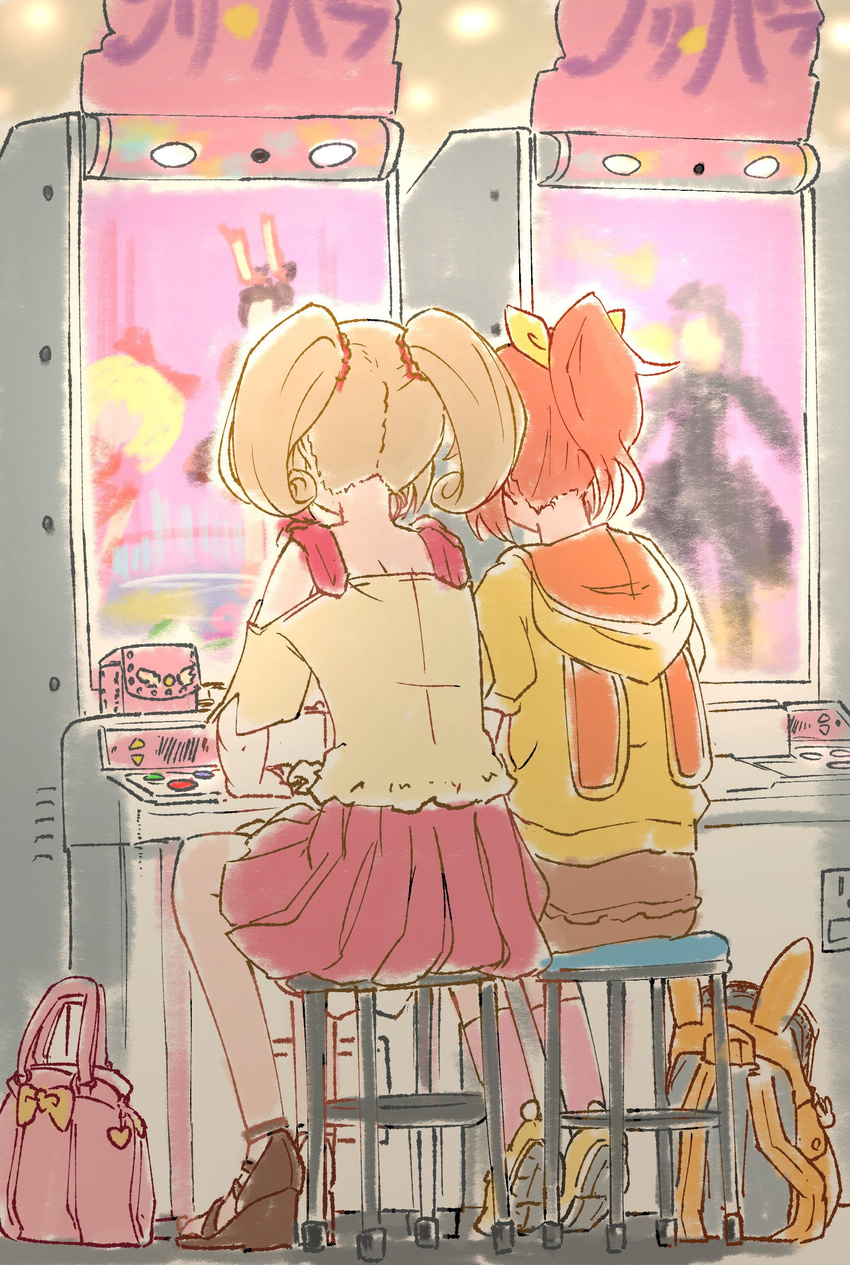 2girls abe_nana animal_hood arcade arcade_cabinet back backpack bad_id bad_twitter_id bag blonde_hair hair_ornament hair_ribbon highres hood idolmaster idolmaster_cinderella_girls multiple_girls orange_hair ponytail pretty_series pripara ribbon ruru_ashihara sato_shin shoes skirt socks twintails