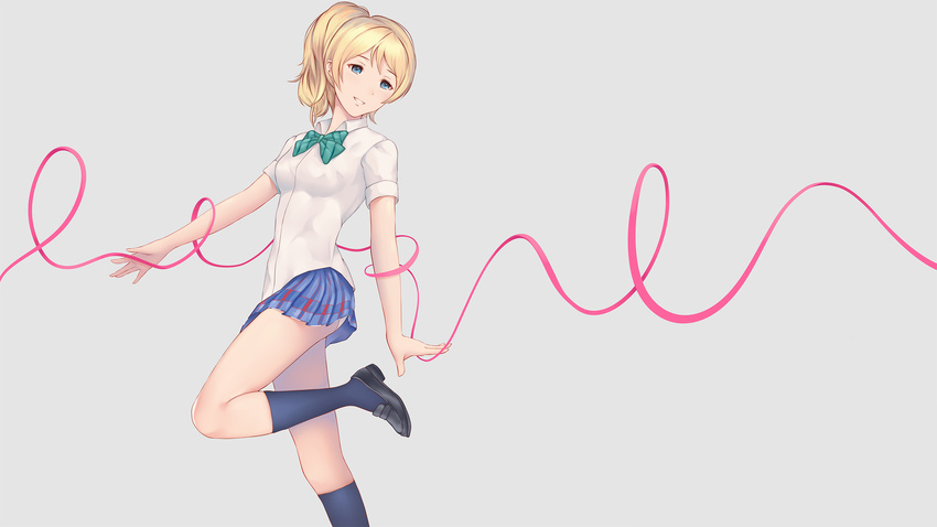 ayase_eri blonde_hair blue_eyes bow gray kneehighs love_live!_school_idol_project miura_naoko ponytail ribbons seifuku