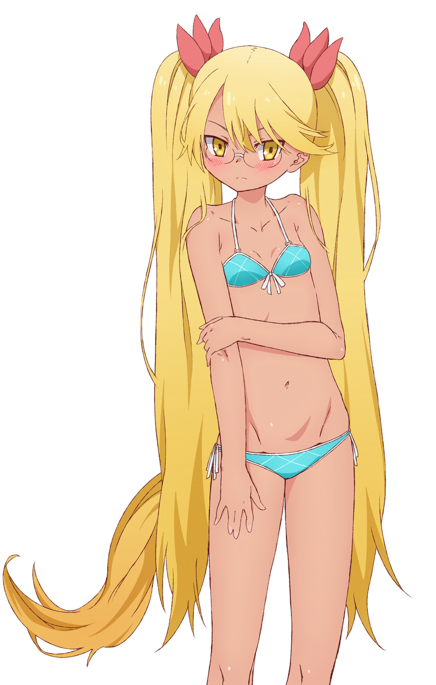 191karasu bad_id bad_pixiv_id bikini blonde_hair blue_bikini blush breasts commentary_request dog_tail female glasses highres long_hair retoree_(show_by_rock!!) show_by_rock!! simple_background small_breasts solo swimsuit tail twintails very_long_hair white_background yellow_eyes