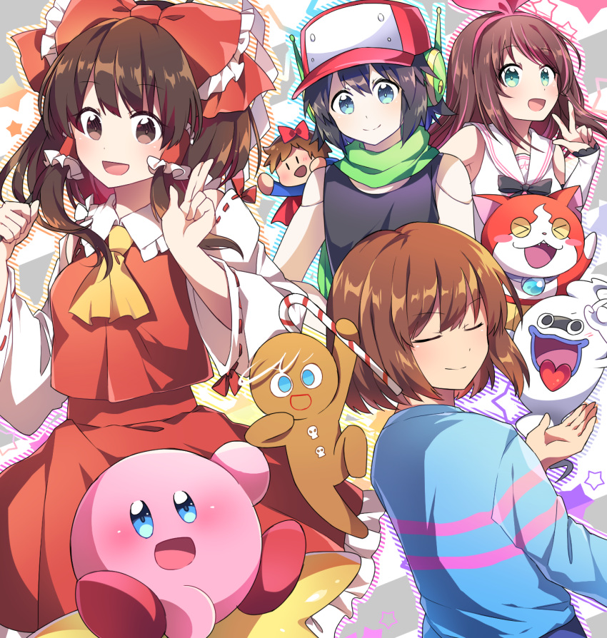 >_< 1boy 1other 3girls :d android ascot bare_shoulders baseball_cap black_hair black_shirt blue_eyes blue_shirt blush bow brave_cookie breasts brown_eyes brown_hair candy candy_cane closed_eyes commentary cookie_run cowboy_shot crossover detached_sleeves doukutsu_monogatari food frilled_bow frilled_shirt_collar frills frisk_(undertale) gingerbread_man green_eyes green_scarf hair_between_eyes hair_tubes hairband hairbow hakurei_reimu hand_up hands_up hat headphones highres holding holding_food i_wanna_be_the_guy jibanyan kaoling kirby kirby_(series) kizuna_ai kizuna_ai_inc. long_hair long_sleeves medium_breasts multiple_crossover multiple_girls open_mouth pink_hairband quote_(doukutsu_monogatari) red_bow red_skirt ribbon-trimmed_sleeves ribbon_trim sailor_collar scarf shirt short_hair sidelocks skirt skirt_set sleeveless sleeveless_shirt smile star_(symbol) symbol-only_commentary the_kid touhou undertale upper_body virtual_youtuber w warp_star whisper_(youkai_watch) white_sailor_collar white_shirt wide_sleeves yellow_ascot youkai_(youkai_watch) youkai_watch