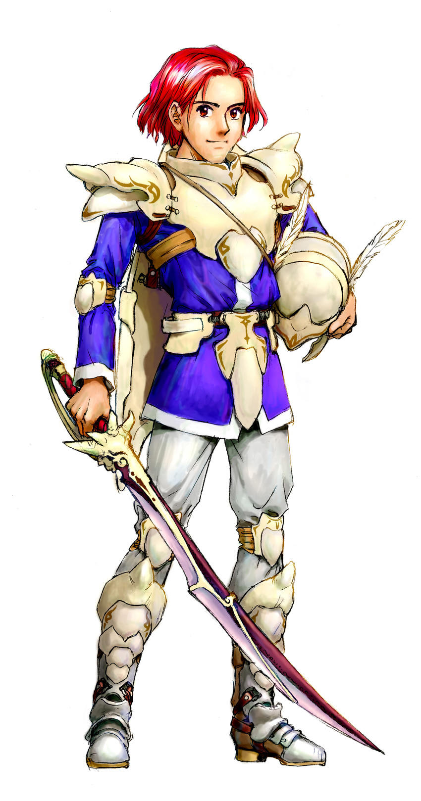 1boy absurdres armor artist_request belt estpolis_denki estpolis_denki:_yomigaeru_densetsu full_body helmet highres holding male_focus official_art red_eyes red_hair smile solo standing sword tunic unworn_headwear unworn_helmet wain weapon white_background