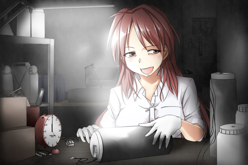 :d ahoge alarm_clock analog_clock bomb box buttons clock collared_shirt commentary_request erikku_(kata235) explosive female gloves highres indoors nail open_mouth original shirt smile smoke solo terrorist time_bomb weapon white_gloves white_shirt wire