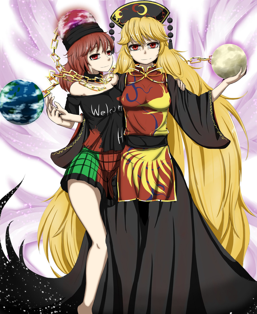 2girls absurdly_long_hair arm_behind_back barefoot behind_another big_hair black_dress black_shirt blonde_hair blood blood_splatter breasts chains chinese_clothes clothes_writing collar commentary_request dress earth_(ornament) energy epic_armageddon fox_tail frilled_skirt frills gold_chain half-closed_eyes hand_grab head_tilt hecatia_lapislazuli highres junko_(touhou) legs long_hair looking_at_viewer medium_breasts moon_(ornament) multiple_girls multiple_tails off-shoulder_shirt off_shoulder outstretched_arms plaid plaid_skirt red_eyes red_hair sash shirt skirt sky smile star_(sky) starry_sky tabard tail thighs touhou very_long_hair white_background