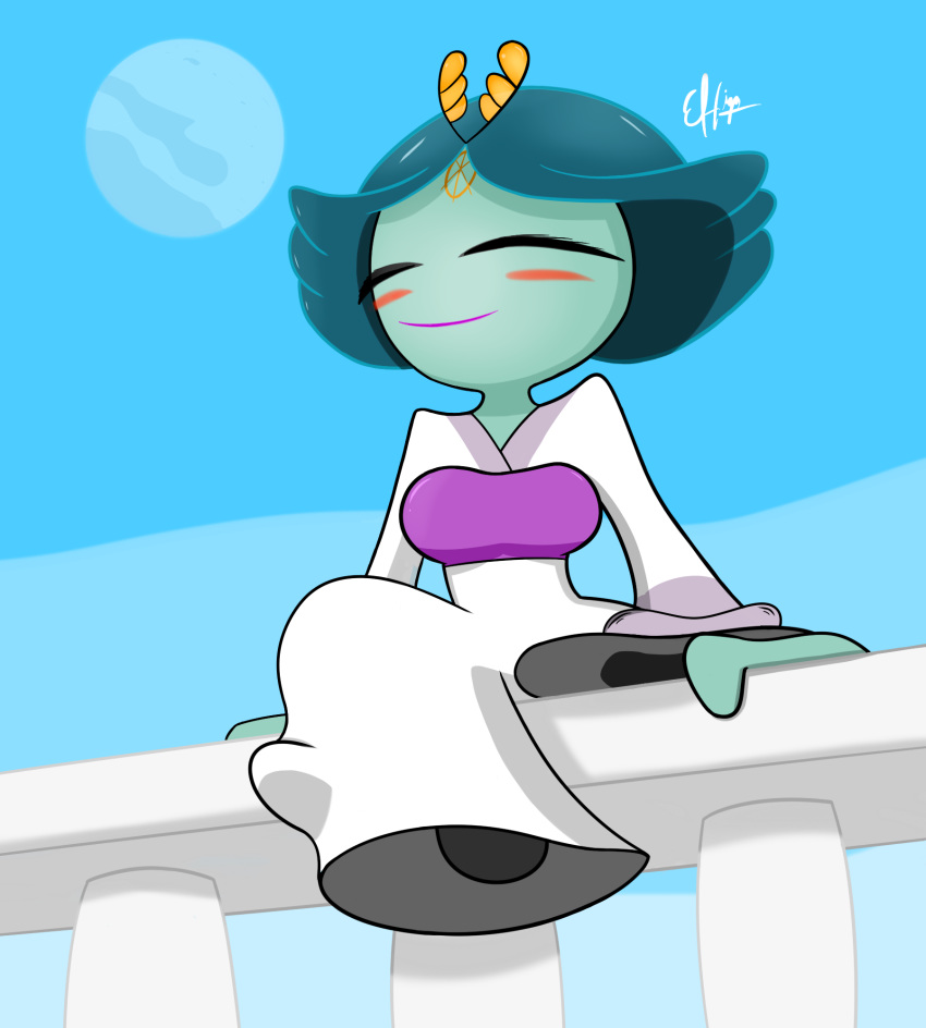 2015 alien anthro arthropod balcony beeza biped blue_hair blush breasts closed_eyes clothing disney female flea hair happy hi_res insects non-mammal_breasts schnuron sitting smile solo wander_over_yonder