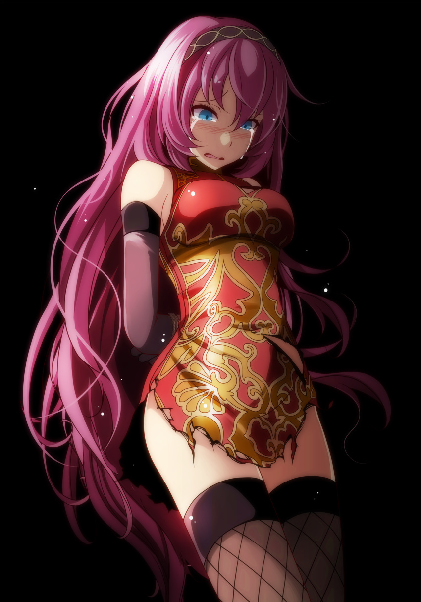 absurdres arms_behind_back black_background black_thighhighs blue_eyes bound bound_wrists breasts china_dress chinese_clothes commentary_request cowboy_shot crying crying_with_eyes_open detached_sleeves dress female hair_between_eyes hairband highres kougyoku_(module) long_hair medium_breasts megurine_luka open_mouth pink_hair project_diva_(series) red_dress restrained sideboob simple_background sleeveless sleeveless_dress solo standing tears thighhighs torn_clothes torn_dress tsukishiro_saika very_long_hair vocaloid world's_end_dancehall_(vocaloid)