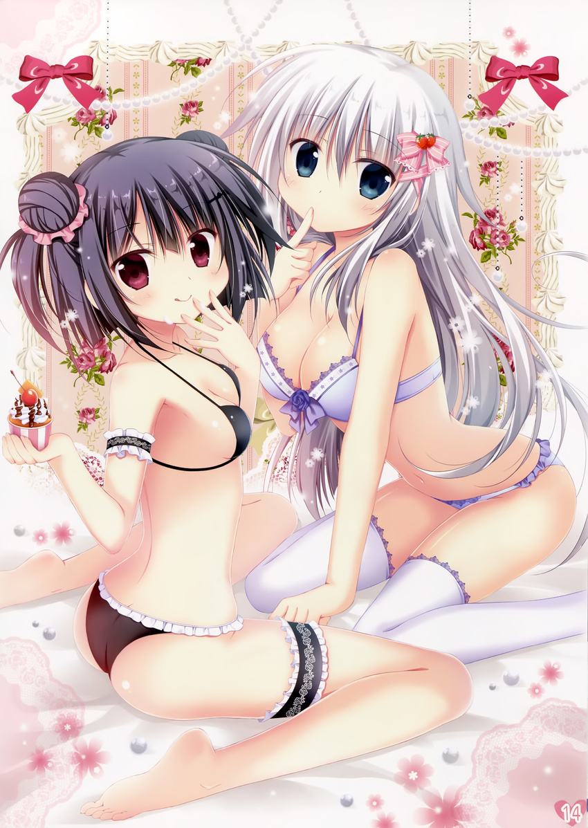 2girls ;q absurdres arm_garter ass bare_arms bare_legs bare_shoulders barefoot bed_sheet between_legs bikini black_bikini black_hair blush bow bow_bikini breasts bridal_garter cabbage_soft cleavage collarbone double_bun finger_to_mouth fingernails flower food food-themed_hair_ornament frilled_bikini frills hair_between_eyes hair_bun hair_ornament hair_scrunchie hairbow hand_between_legs hand_to_own_mouth hands_up highres holding holding_food hoshikoi_tinkle index_finger_raised indoors korie_riko large_breasts long_hair looking_at_viewer midriff multiple_girls murakumo_soraha narusegawa_nagi navel official_art on_bed one_eye_closed page_number photoshop_(medium) purple_bikini red_eyes scan scrunchie short_hair sideboob silver_hair sitting skinny small_breasts smile soles strawberry_hair_ornament striped striped_bow swimsuit thighhighs tongue tongue_out wariza white_legwear