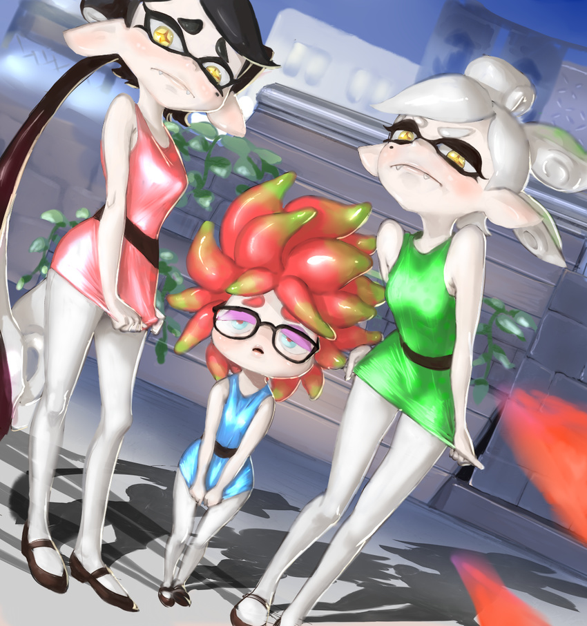 +_+ 3girls annie_(splatoon) bare_shoulders black-framed_eyewear black_hair blossom_(ppg) blossom_(ppg)_(cosplay) blue_dress blue_eyes bubbles_(ppg) bubbles_(ppg)_(cosplay) buttercup_(ppg) buttercup_(ppg)_(cosplay) callie_(splatoon) commentary_request cosplay cousins crusty_sean dabohaze_(artist) dress eyeshadow fangs frown glasses green_dress grey_hair highres inkling leaf long_hair makeup marie_(splatoon) mary_janes mole mole_under_eye multiple_girls open_mouth pale_skin pantyhose pink_dress pink_hair pointy_ears powerpuff_girls shoes short_dress short_hair splatoon_(series) splatoon_1 symbol-shaped_pupils tentacle_hair white_legwear yellow_eyes