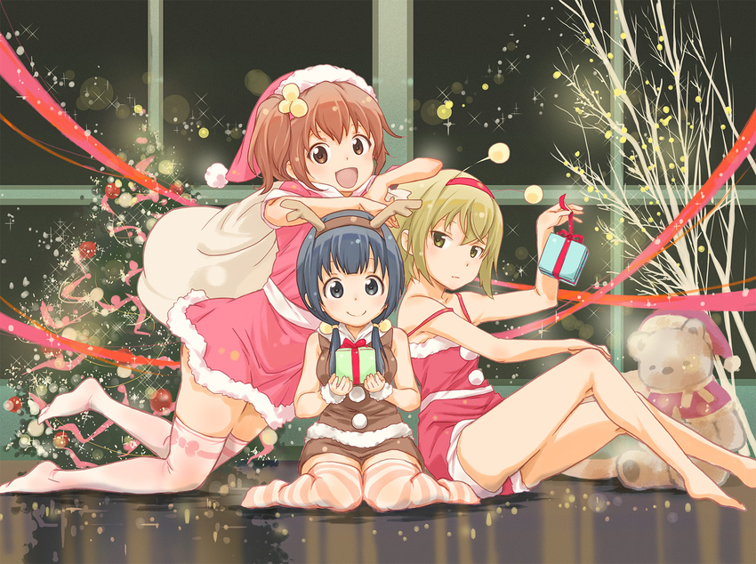 3girls :d aiura amaya_kanaka animal_costume antlers arm_rest bare_legs barefoot box branch christmas christmas_lights commentary_request elbow_rest fake_antlers gift gift_box hairband hat highres holding holding_gift horns hosoi_mieko indoors iwasawa_saki kneeling leaning_on_person light_particles lights looking_at_viewer multiple_girls night on_floor on_head open_mouth photoshop_(medium) reflection reindeer_antlers reindeer_costume sack santa_costume santa_hat sitting smile stuffed_animal stuffed_toy teddy_bear thighhighs uehara_ayuko wariza window