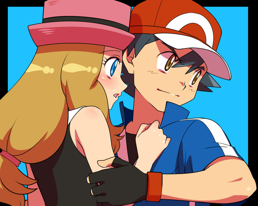 1boy amada baseball_cap black_hair blue_eyes blush border brown_eyes brown_hair commentary_request couple eyelashes female fingerless_gloves gloves hand_on_another's_chest hat holding_another's_arm long_hair looking_at_another low-tied_long_hair open_mouth parted_lips pokemon pokemon_(anime) pokemon_xy_(anime) popped_collar satoshi_(pokemon) serena_(pokemon) straight