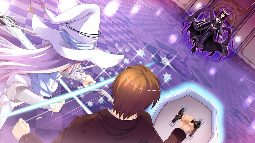 16:9 1boy 2girls arima_yousuke black_hair bow_(weapon) brown_hair game_cg hat kadone_makie ko~cha long_hair multiple_girls purple_hair shield short_hair weapon witch's_garden witch_hat yukimura_suzuno