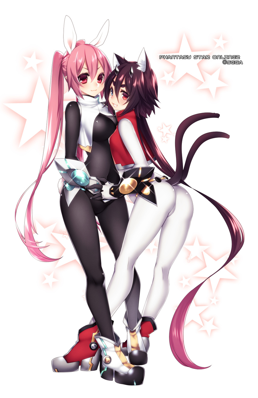 2girls :3 :d animal_ears armor ass bad_id bad_pixiv_id between_legs blue_eyes blush bodysuit boots breasts cat_ears cat_tail closed_mouth company_name copyright_name cropped_jacket eyelashes full_body hair_between_eyes hair_ornament heterochromia highres holding_hands large_breasts lean_picchner lens_flare long_hair long_sleeves looking_at_viewer mole mole_under_eye multiple_girls multiple_tails open_mouth original phantasy_star phantasy_star_online_2 pink_hair protagonist_(pso2) rabbit_ears red_eyes sega short_eyebrows smile standing star_(symbol) starry_background tail turtleneck twintails two_tails very_long_hair white_background yutazou