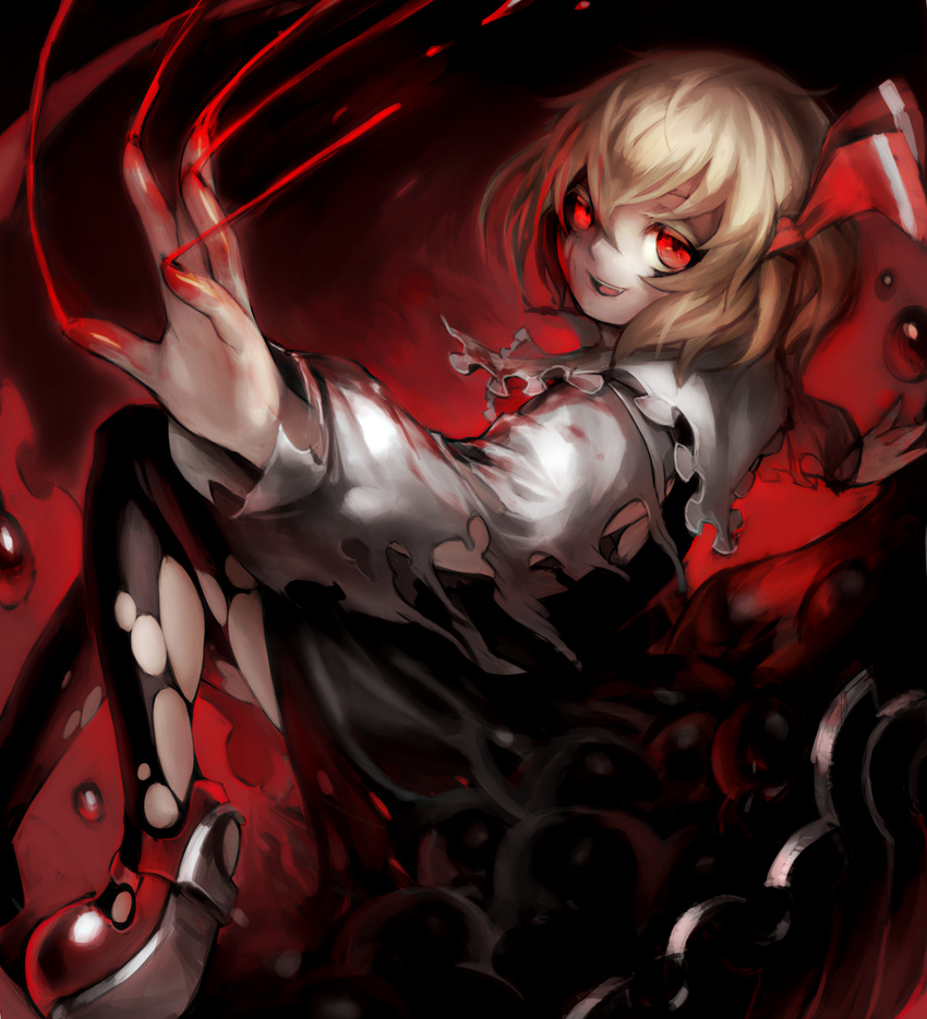 black_dress blonde_hair blood blood_on_clothes blood_on_hands commentary_request darkness dress female hair_ribbon highres long_sleeves looking_at_viewer oerba_yun_fang open_mouth outstretched_arms photoshop_(medium) red_eyes red_footwear ribbon rumia shirt shoes smile solo spark621 swipe thighhighs torn_clothes torn_shirt torn_sleeves torn_thighhighs touhou