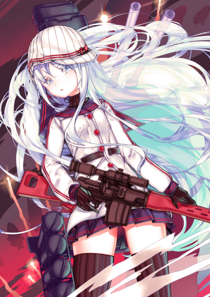 absurdres adapted_costume blue_eyes commentary_request dragunov_svd female gloves gun hammer_and_sickle hat hibiki_(kancolle) highres kantai_collection leung_ka_che long_hair rifle skirt sniper_rifle solo thighhighs verniy_(kancolle) weapon white_hair