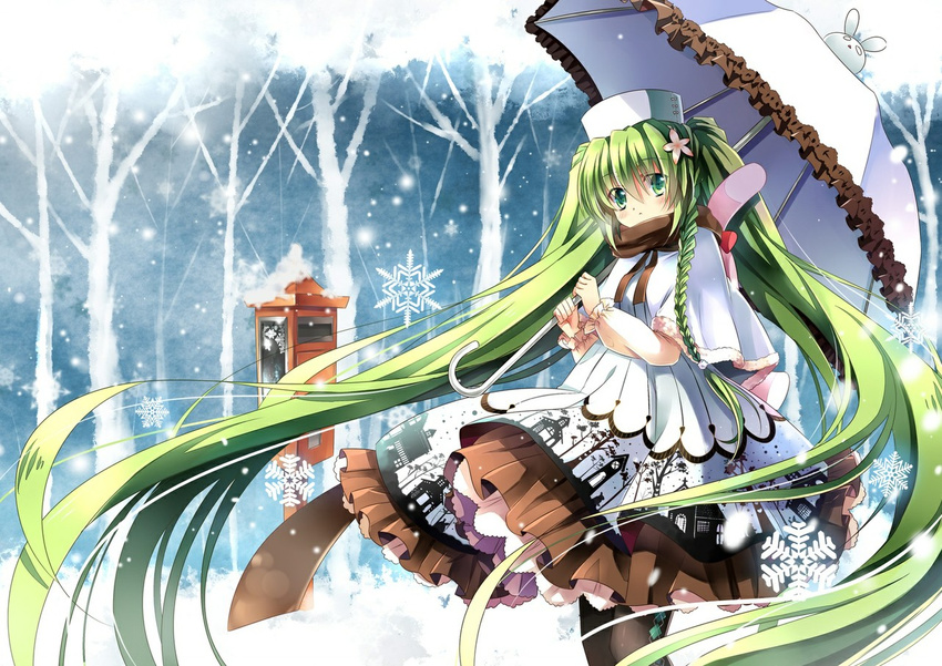 commentary_request dress female green_eyes green_hair hat hatsune_miku jiji_(381134808) long_hair looking_at_viewer pantyhose snowflakes snowing solo twintails umbrella very_long_hair vocaloid