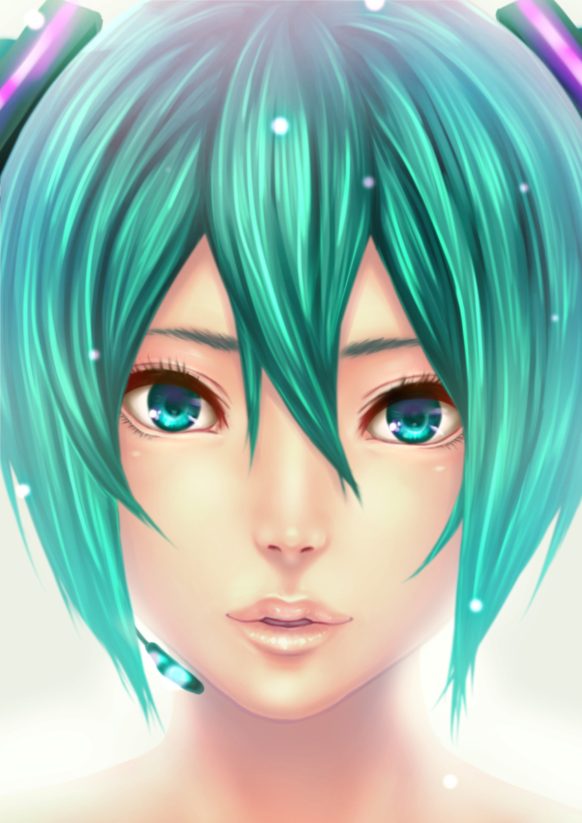 aqua_eyes aqua_hair bad_id bad_pixiv_id close-up commentary_request female hatsune_miku headset highres light_smile lips looking_at_viewer nose parted_lips rokko short_hair solo vocaloid