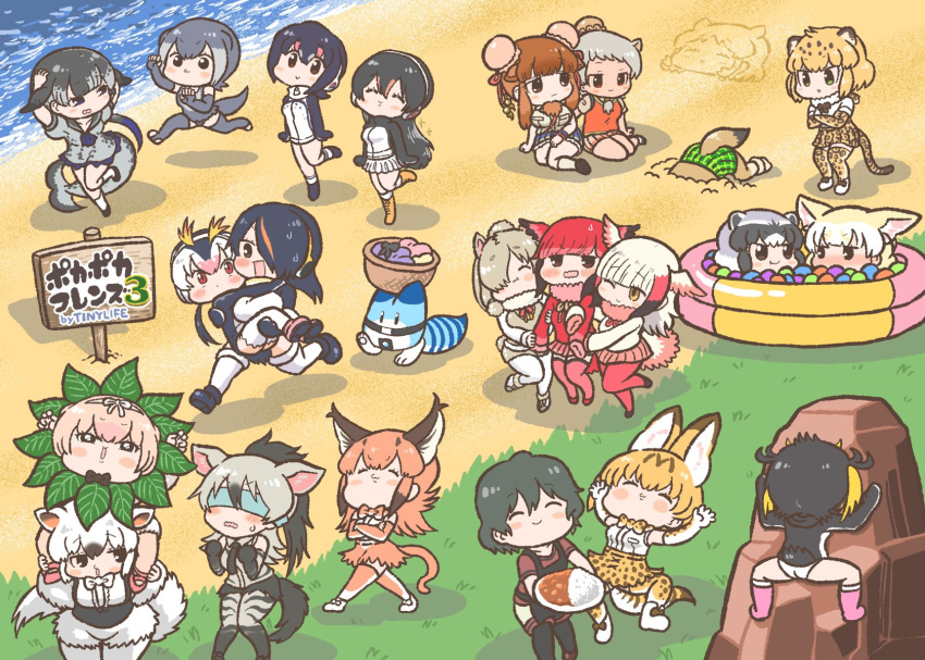 6+girls :3 aardwolf_(kemono_friends) aardwolf_print alpaca_ears alpaca_suri_(kemono_friends) alpaca_tail animal_ears anteater_ears anteater_tail apron bactrian_camel_(kemono_friends) ball_pit bare_shoulders bird_tail bird_wings black-tailed_prairie_dog_(kemono_friends) black_hair blindfold blonde_hair blush bow bowtie camel_ears caracal_(kemono_friends) carrying center_frills cetacean_tail collared_shirt commentary_request common_raccoon_(kemono_friends) crossed_arms curry curry_rice dress dromedary_(kemono_friends) elbow_gloves emperor_penguin_(kemono_friends) fennec_(kemono_friends) fingerless_gloves fins fish_tail food fox_ears frilled_dress frilled_skirt frills fur_collar gentoo_penguin_(kemono_friends) gloves green_eyes grey_hair hair_over_one_eye hairbow hands_on_own_head head_wings high-waist_skirt highres hippopotamus_(kemono_friends) hippopotamus_ears hood hood_down hoodie humboldt_penguin_(kemono_friends) jaguar_(kemono_friends) jaguar_ears jaguar_print jaguar_tail japanese_crested_ibis_(kemono_friends) kaban_(kemono_friends) kemono_friends kemono_friends_pavilion kotobuki_(tiny_life) leotard light_brown_hair long_hair long_sleeves lucky_beast_(kemono_friends) multicolored_hair multiple_girls narwhal_(kemono_friends) neckerchief necktie no_headwear nose_blush oerba_yun_fang one-piece_swimsuit orange_bow orange_bowtie otter_ears otter_tail pantyhose penguin_tail piggyback pink_hair plaid plaid_skirt playground_equipment_(kemono_friends_pavilion) pleated_skirt ponytail princess_carry print_bow print_bowtie puffy_short_sleeves puffy_sleeves raccoon_ears red_hair rice rockhopper_penguin_(kemono_friends) royal_penguin_(kemono_friends) sailor_dress sand scarlet_ibis_(kemono_friends) serval_(kemono_friends) serval_print shirt short_hair short_sleeves silky_anteater_(kemono_friends) sitting skirt sleeveless small-clawed_otter_(kemono_friends) smile southern_tamandua_(kemono_friends) standing standing_on_one_leg streaked_hair sweatdrop swimsuit tail thighhighs toeless_legwear traditional_bowtie twintails wavy_mouth white_hair wings zettai_ryouiki