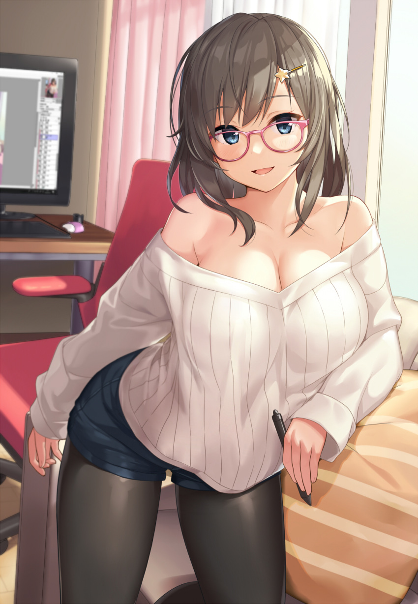 cleavage gogo_shichi-ji megane no_bra pantyhose