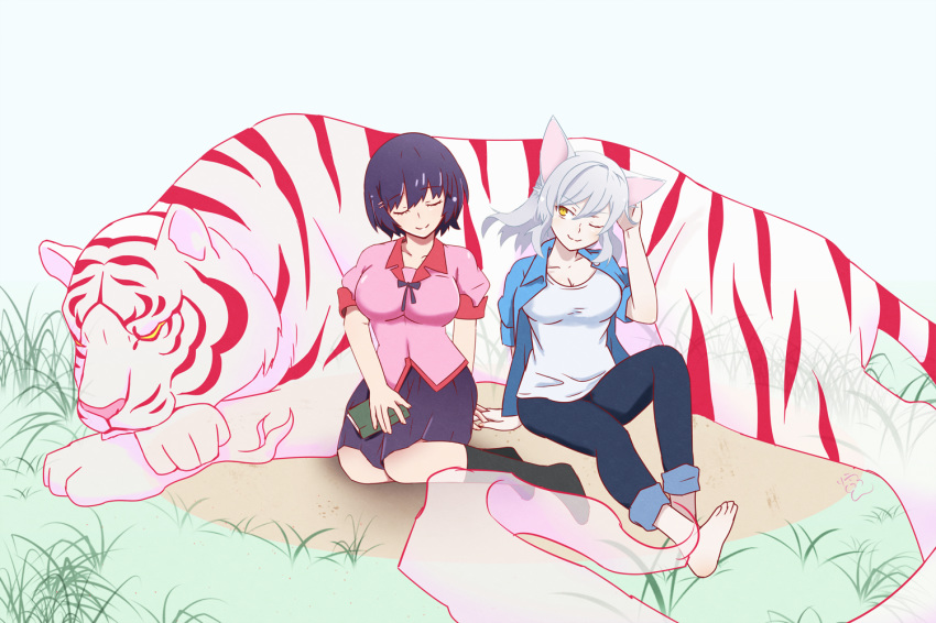 2girls ;3 animal_ears bakemonogatari barefoot black_hair black_hanekawa book cat_ears closed_eyes commentary fooring hair_ornament hairclip hanekawa_tsubasa kako_(monogatari) monogatari_(series) multiple_girls naoetsu_high_school_uniform one_eye_closed pants puffy_short_sleeves puffy_sleeves school_uniform short_hair short_sleeves sitting smile tiger white_hair yokozuwari