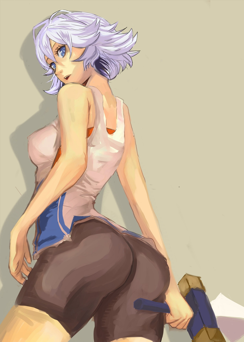 ass bare_shoulders bike_shorts commentary_request farrah_(granblue_fantasy) female granblue_fantasy grey_hair highres solo sword tank_top uruzu weapon