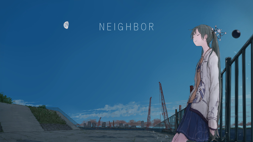 against_railing alternate_costume blue_skirt blue_sky building bush buttons casual city cityscape closed_eyes closed_mouth cloud commentary_request construction crane_(machine) cube day evening female grass green_hair hair_ornament half_moon hatsune_miku highres jacket jewelry leaning_back light_smile long_hair medium_skirt moon necklace ocean orange_shirt orb outdoors plant pleated_skirt pocket prism railing shirt skirt sky sleeves_past_wrists smog solo stairs stone_floor t-shirt triangle twintails very_long_hair vocaloid white_jacket yukima_(yushika)