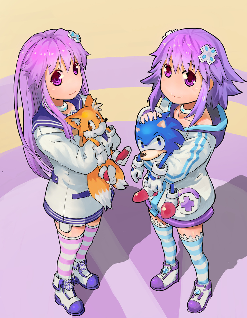 2girls absurdres choker commentary_request crossover d-pad d-pad_hair_ornament hair_ornament highres multiple_girls nepgear neptune_(neptunia) neptune_(series) photoshop_(medium) purple_eyes purple_hair sega segamark sonic_(series) sonic_the_hedgehog striped_clothes striped_thighhighs stuffed_animal stuffed_toy tails_(sonic) thighhighs