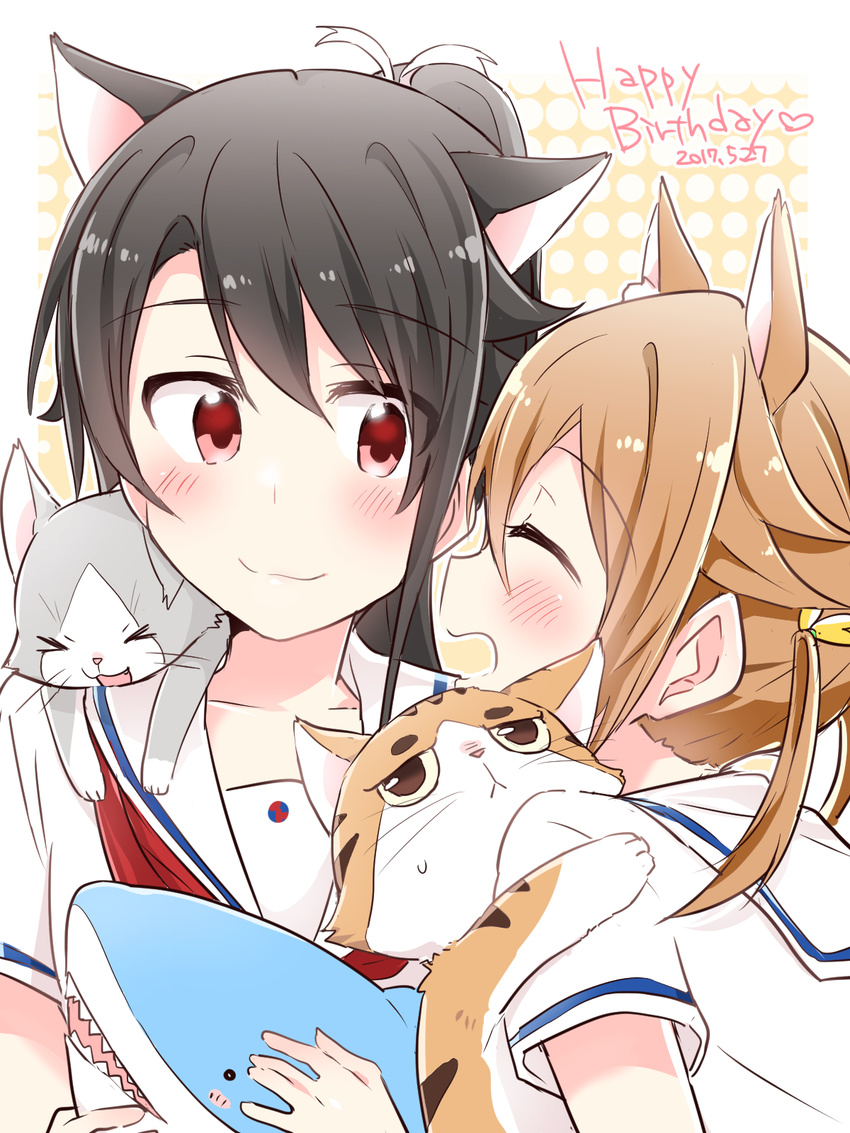 >_< 2girls animal_ears black_hair brown_hair cat_ears closed_eyes commentary_request dated feline happy_birthday high_school_fleet highres isoroku_(haifuri) kemonomimi_mode long_hair misaki_akeno multiple_girls munetani_mashiro neckerchief ponytail red_eyes red_neckerchief sailor_collar school_uniform serafuku shark short_hair short_sleeves tamonmaru_(haifuri) twintails upper_body white_sailor_collar yasaka_shuu yokosuka_girls_marine_high_school_uniform