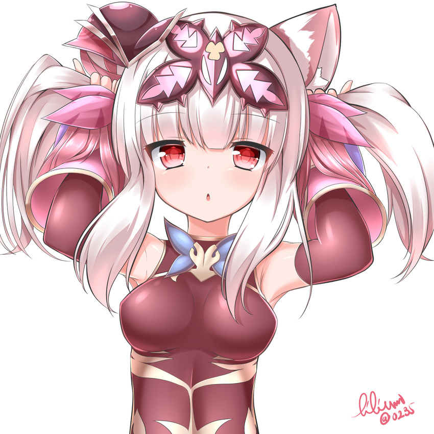 alternate_hairstyle animal_ears armpits arms_up bunching_hair chestnut_mouth chinese_clothes commentary_request elbow_gloves female gloves hair_ornament haku_(p&d) highres leotard lilium0235 looking_at_viewer multicolored_hair open_mouth purple_hair puzzle_&_dragons red_eyes signature solo tiger_ears twintails two-tone_hair white_hair