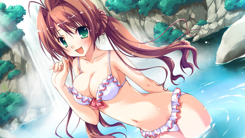 bikini blush breasts brown_hair cleavage female game_cg green_eyes highres iro_ni_ide_ni_keri_waga_koi_wa long_hair looking_at_viewer narumi_yuu navel open_mouth smile solo standing suzueda_komachi swimsuit twintails water