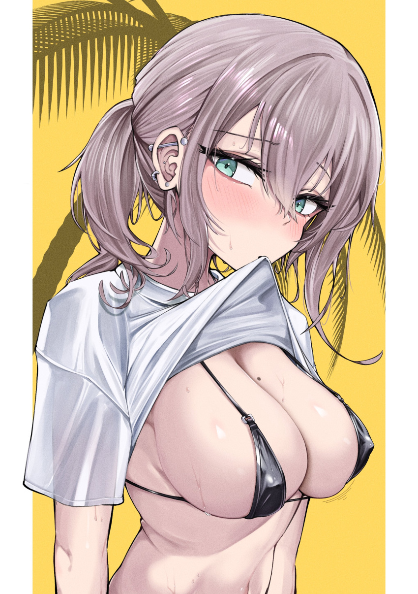 absurdres ar-57_(girls'_frontline) bikini black_bikini blue_eyes blush breasts clothes_in_mouth clothes_lift covered_nipples earrings female from_side girls'_frontline grey_hair hair_between_eyes highres jewelry kuzumotsu large_breasts long_hair looking_at_viewer micro_bra mole mole_on_breast mouth_hold navel ponytail shirt shirt_in_mouth shirt_lift short_sleeves solo sweat swimsuit upper_body white_shirt