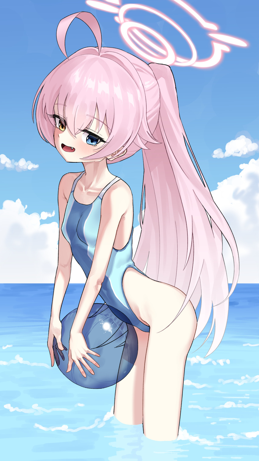 absurdres ahoge ball beach beachball blue_archive blue_eyes blue_one-piece_swimsuit female hair_between_eyes halo heterochromia highleg highleg_one-piece_swimsuit highres hoshino_(blue_archive) leaning_forward long_hair looking_at_viewer mikelee0614 ocean oerba_yun_fang one-piece_swimsuit open_mouth pink_hair pink_halo ponytail see-through_ball solo standing swimsuit two-tone_swimsuit wading yellow_eyes