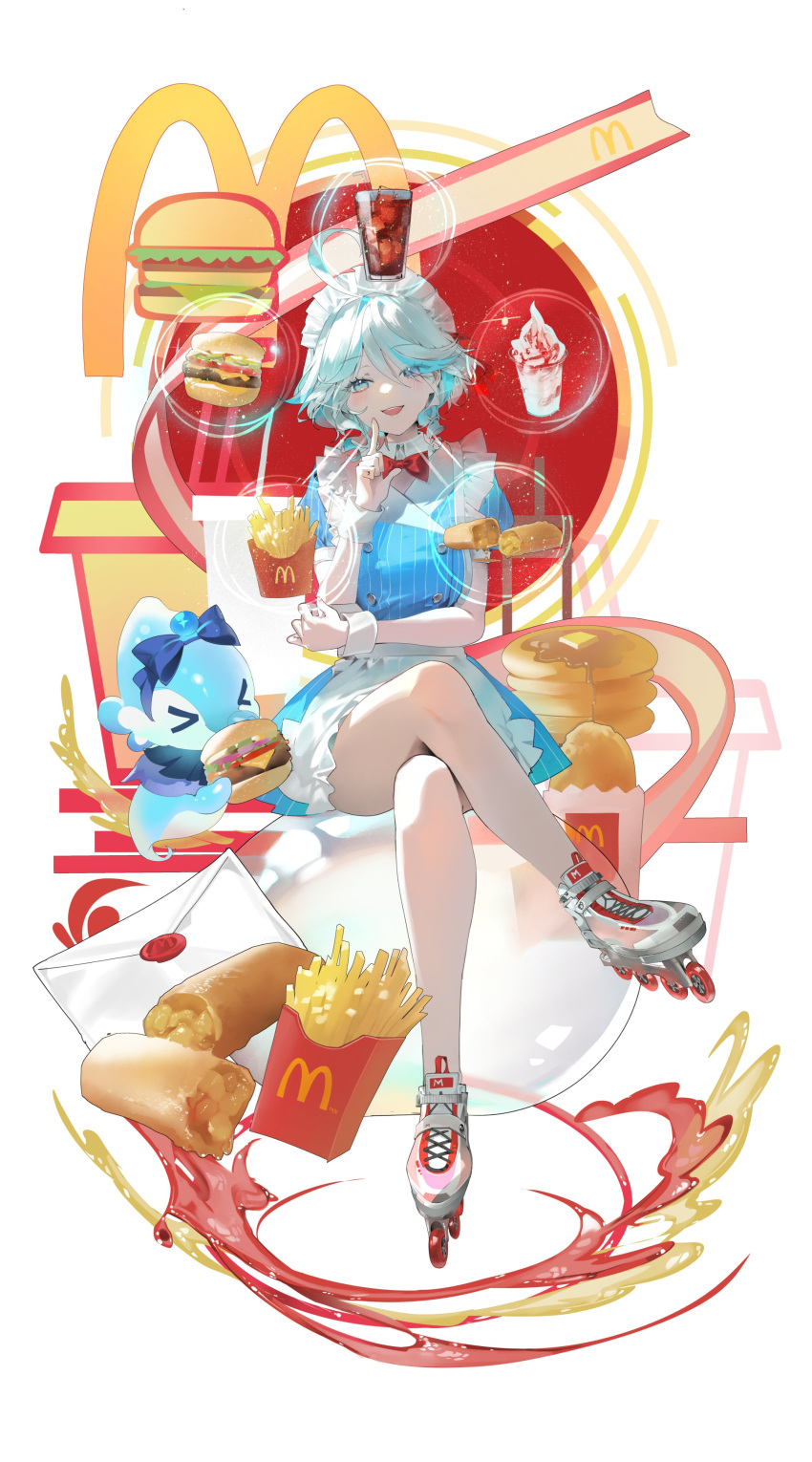 absurdres alternate_costume apron arm_under_breasts blue_dress blue_eyes blue_hair bow bowtie burger buri_(retty9349) buttons commentary crossed_legs detached_collar double-breasted dress fast_food female food french_fries furina_(genshin_impact) genshin_impact hash_browns heterochromia highres hot_pocket ice_cream letter light_blue_hair mcdonald's open_mouth red_bow red_bowtie roller_skates short_hair simple_background sitting skates solo striped_clothes striped_dress surintendante_chevalmarin symbol-only_commentary vertical-striped_clothes vertical-striped_dress waist_apron wavy_hair white_background white_hair wrist_cuffs