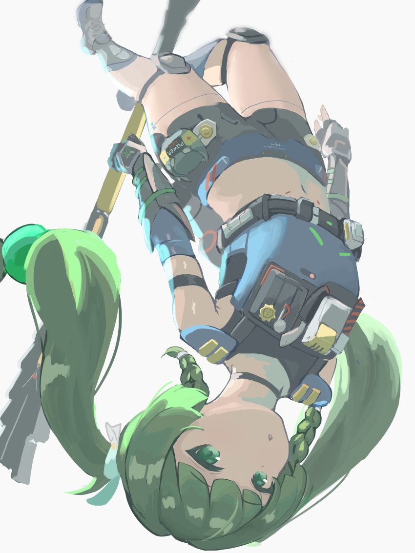 absurdres android battery black_choker black_footwear black_gloves braid braided_sidelock choker commentary female fingerless_gloves full_body gloves green_eyes green_hair grey_background highres higure_yuu holding holding_staff knee_pads long_hair looking_at_viewer midriff navel parted_lips police police_uniform policewoman qingyi_(zenless_zone_zero) robot_girl shirt shorts side_braids simple_background sleeveless sleeveless_shirt solo staff twintails upside-down zenless_zone_zero