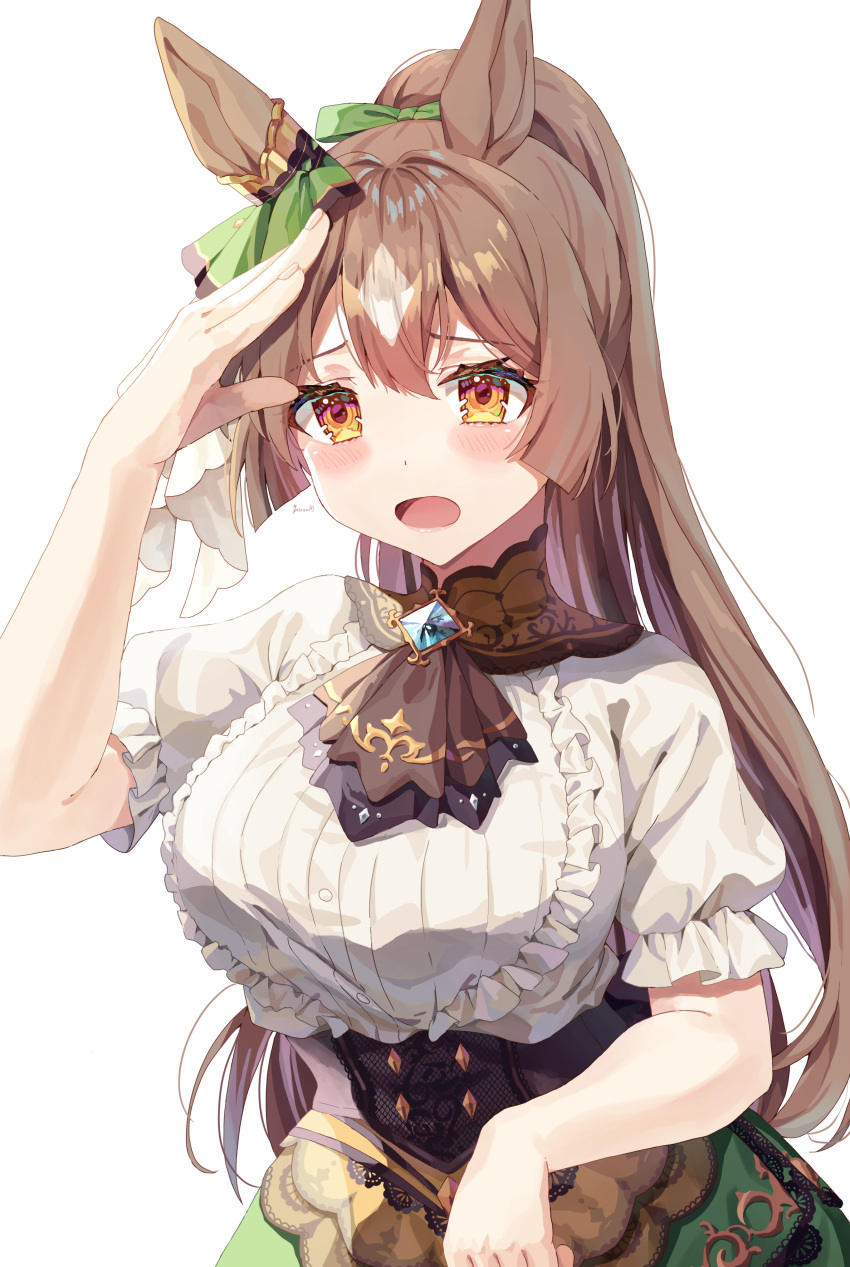 absurdres alternate_hairstyle animal_ears ascot bow breasts brown_ascot brown_hair corset ear_ornament female frilled_shirt frills green_bow hair_between_eyes hairbow highres horse_ears horse_girl large_breasts long_hair multicolored_hair open_mouth ponytail satono_diamond_(umamusume) shirt short_sleeves simple_background solo streaked_hair umamusume upper_body very_long_hair white_background white_hair yoru_usagi