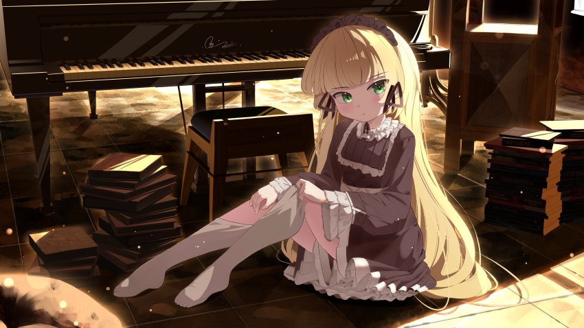 absurdres bing_nuan_nuan black_dress black_hairband blonde_hair blunt_bangs book chair commentary_request dress female frilled_dress frilled_hairband frills gosick gothic_lolita green_eyes hair_ornament hairband highres hime_cut instrument lolita_fashion long_hair on_floor piano solo thighhighs very_long_hair victorica_de_blois white_thighhighs