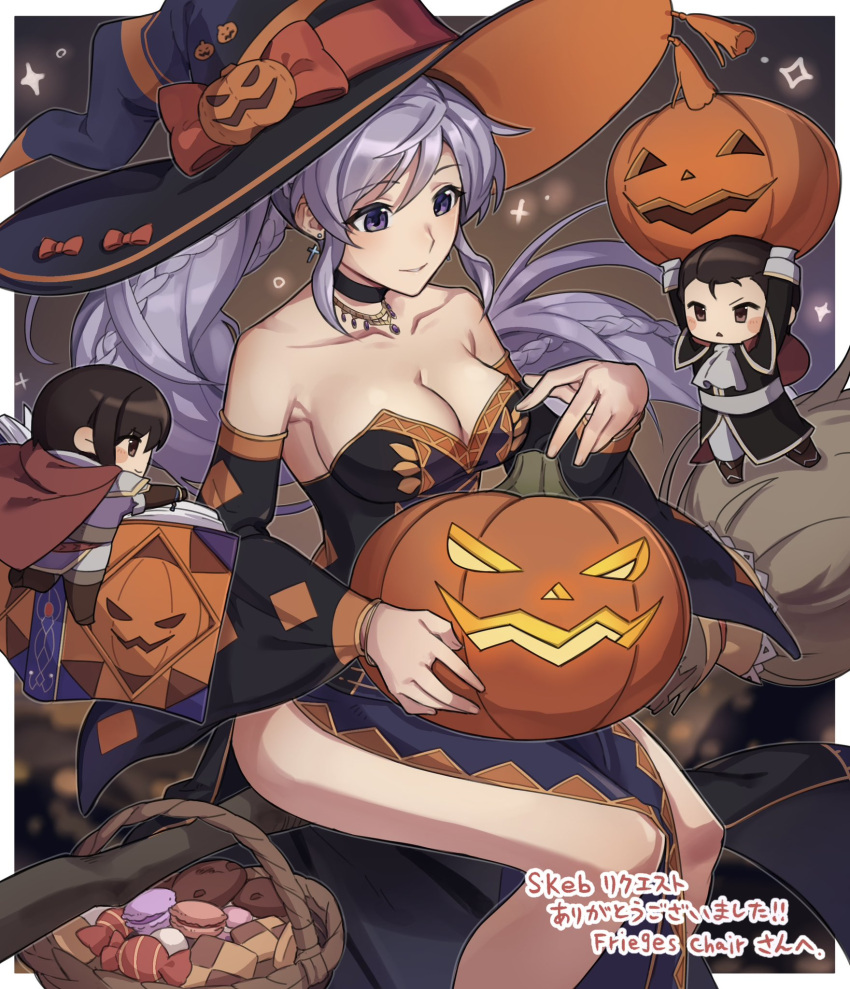 1boy 2girls alternate_costume ascot bare_shoulders basket book braid breasts candy chibi commission commissioner_upload earrings female fire_emblem fire_emblem:_genealogy_of_the_holy_war fire_emblem:_thracia_776 food halloween hat highres ishtar_(fire_emblem) jack-o'-lantern jewelry large_breasts long_hair multiple_girls necklace nyo02921978 olwen_(fire_emblem) pumpkin purple_eyes purple_hair reinhardt_(fire_emblem) skeb_commission sweets watermark witch witch_hat