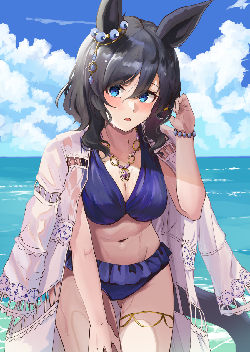 absurdres animal_ears ass_visible_through_thighs bead_bracelet beads bikini black_hair blue_bikini blue_eyes blue_sky blush bracelet breasts cleavage cloud day eishin_flash_(reines_plaetschern)_(umamusume) eishin_flash_(umamusume) female hair_between_eyes highres horse_ears horse_girl horse_tail jacket jewelry looking_at_viewer medium_breasts medium_hair necklace nida_keita ocean official_alternate_costume open_clothes open_jacket open_mouth outdoors sky solo summer swimsuit tail thigh_strap thighs umamusume wet wet_hair white_jacket