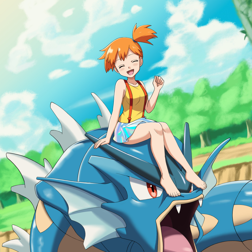 :d absurdres adapted_costume arm_support barefoot blue_skirt blush breasts clenched_hand closed_eyes conejologia day facing_viewer female grass gyarados hand_up happy highres kasumi_(pokemon) knees mixed-language_commentary one_side_up open_mouth orange_hair outdoors pokemon pokemon_(anime) pokemon_(classic_anime) pokemon_(creature) riding riding_pokemon shirt short_hair sitting skirt sky sleeveless sleeveless_shirt smile toes tree yellow_shirt