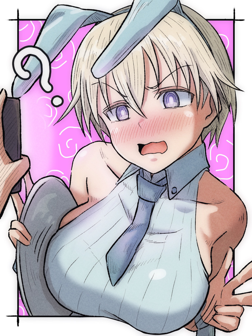 bare_shoulders blonde_hair blue_eyes blush bouncing_breasts brave_witches breasts cellphone embarrassed female highres holding holding_plate iphone large_breasts necktie nikka_edvardine_katajainen open_mouth phone plate short_hair smartphone tama_kitsune wavy_mouth world_witches_series