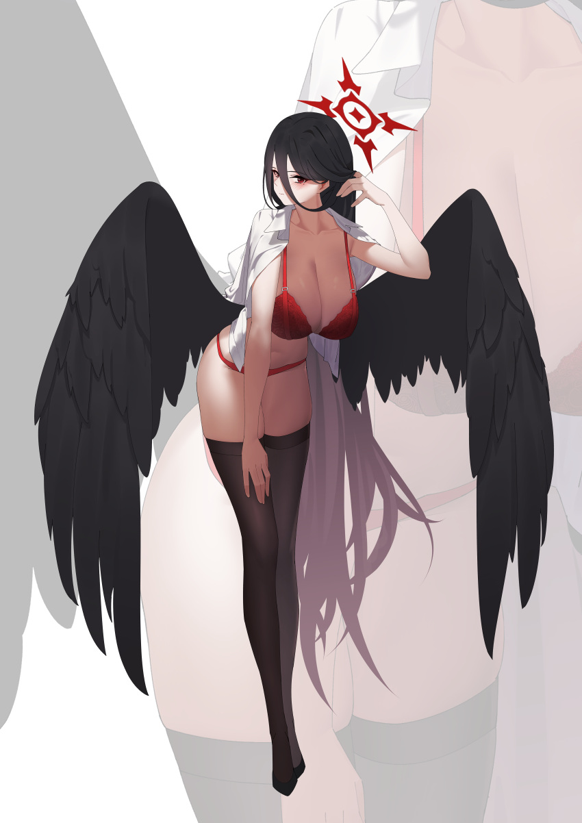 absurdres black_thighhighs black_wings blue_archive bra breasts bunpil cleavage collared_shirt feathered_wings female full_body hair_between_eyes halo hand_on_own_knee hasumi_(blue_archive) highres large_breasts large_wings leaning long_bangs long_hair looking_at_viewer low_wings mole mole_under_eye panties red_bra red_eyes red_halo red_panties shirt shirt_on_shoulders solo thighhighs underwear white_shirt wings