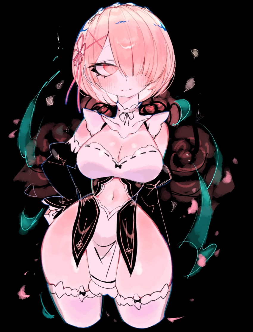 alternate_breast_size blush breasts clothing_cutout detached_sleeves female hair_ornament hair_over_one_eye hair_ribbon highres large_breasts maid navel navel_cutout pink_hair ram_(re:zero) re:zero_kara_hajimeru_isekai_seikatsu ribbon roswaal_mansion_maid_uniform short_hair thighhighs usa37107692 wide_hips x_hair_ornament