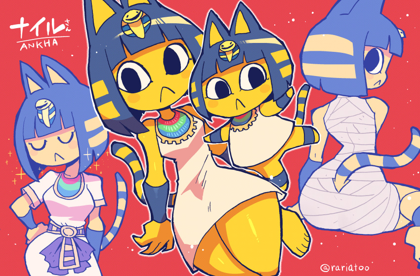 :< absurdres animal_crossing animal_ears ankha_(animal_crossing) bandages barefoot black_eyes black_hair blonde_hair bob_cut cat_ears cat_tail character_name closed_eyes closed_mouth commentary_request dress egyptian egyptian_clothes female furry furry_female hair_ornament highres rariatto_(ganguri) red_background short_hair short_sleeves simple_background sitting sleeveless sleeveless_dress snake_hair_ornament sparkle striped_tail tail twitter_username