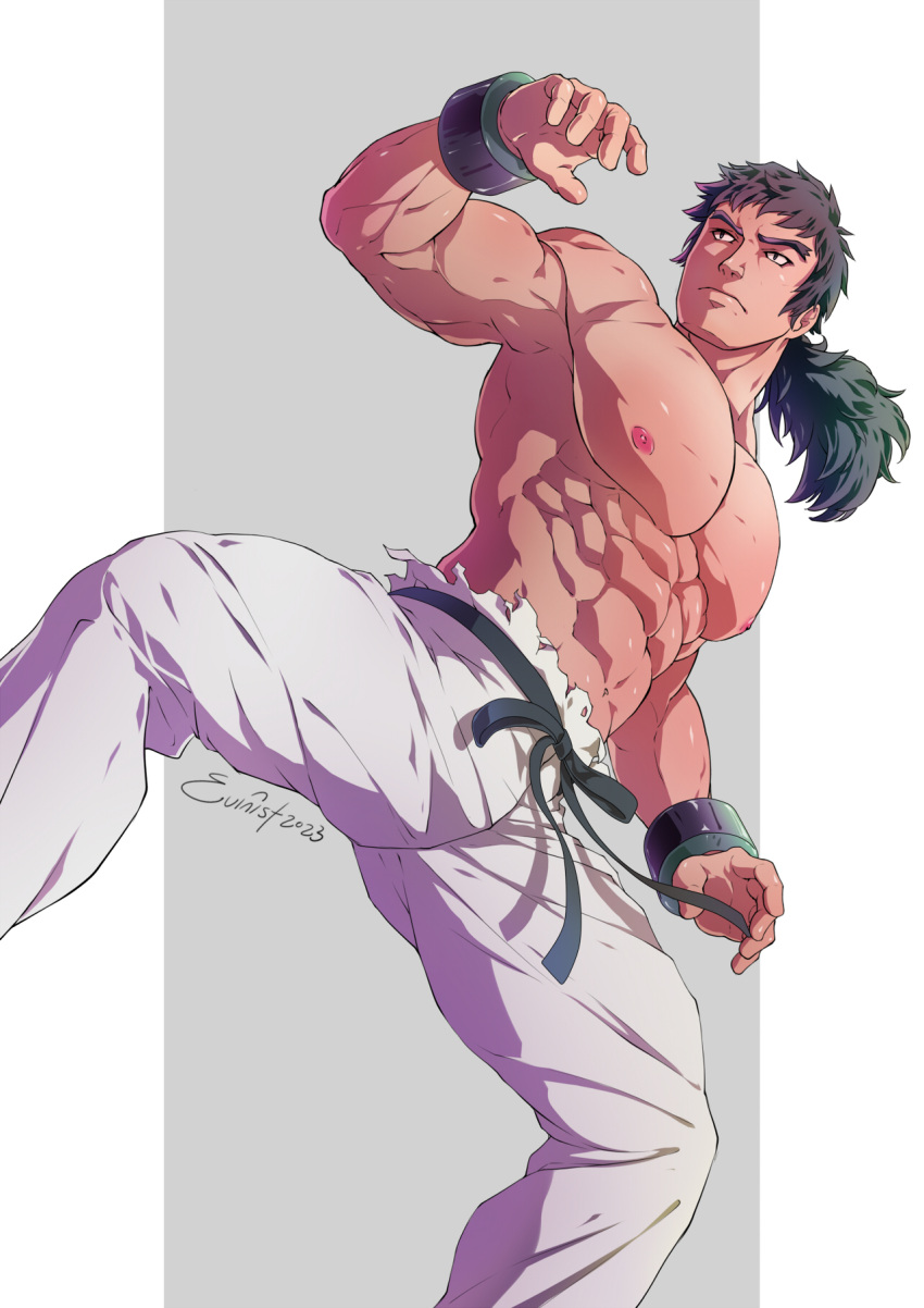 1boy abs armpits bara black_hair bracelet bruno_(pokemon) commentary english_commentary evinist highres jewelry large_pectorals long_hair male_focus martial_arts_belt muscular muscular_male navel nipples pants pectorals pokemon pokemon_frlg ponytail signature simple_background solo topless_male white_pants