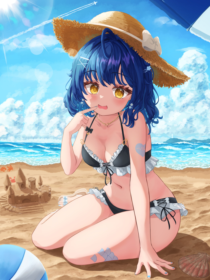 absurdres ahoge amamiya_kokoro amamiya_kokoro_(7th_costume) beach bikini black_bikini blue_hair blue_sky breasts brown_hat cloud commentary day female finger_to_mouth frilled_bikini frills front-tie_bikini_top front-tie_top hat highres horizon looking_at_viewer medium_breasts nijisanji ocean outdoors sand_castle sand_sculpture side-tie_bikini_bottom sitting sky solo straw_hat swimsuit virtual_youtuber xhake yellow_eyes yokozuwari