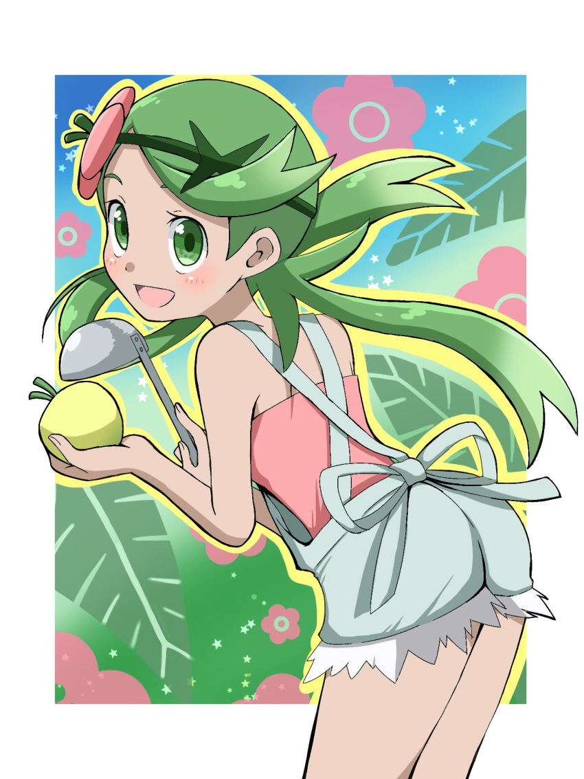 bare_shoulders berry_(pokemon) blush border dark-skinned_female dark_skin emapippi female flower flower_ornament green_eyes green_hair grepa_berry grey_overalls hair_ornament highres ladle long_hair mallow_(pokemon) open_mouth outline outside_border overalls palm_leaf pokemon pokemon_sm simple_background solo twintails white_border