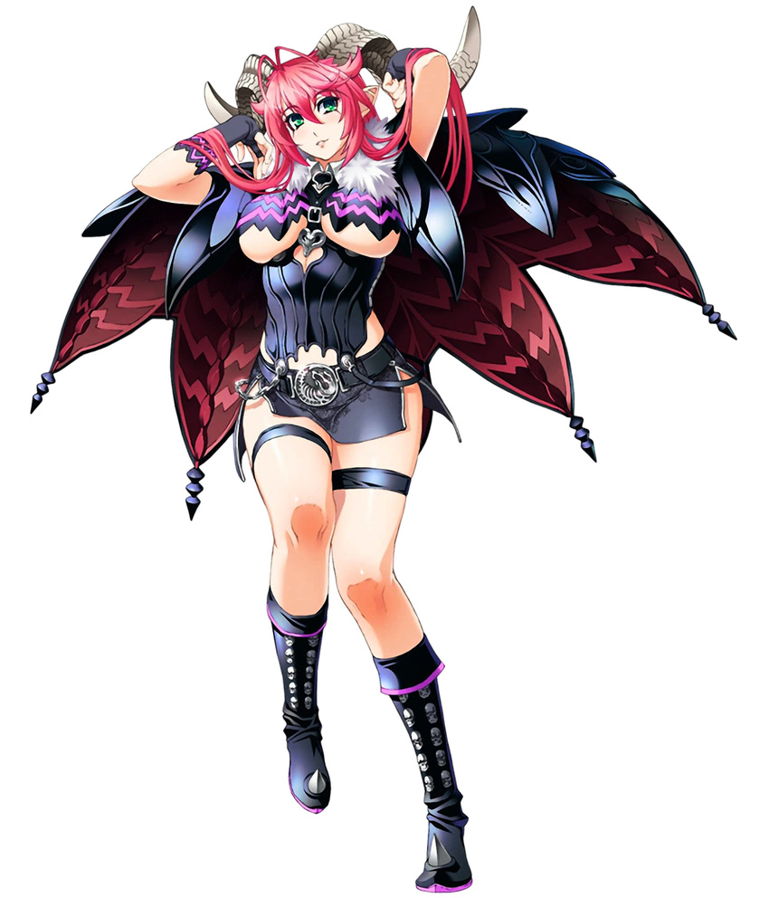 arms_up asmodeus asmodeus_(the_seven_deadly_sins) belt boots breasts cape demon demon_girl demon_horns female full_body green_eyes horns large_breasts long_hair miniskirt navel nishii_(nitroplus) pencil_skirt pink_hair pointy_ears simple_background skirt solo succubus tagme the_seven_deadly_sins underboob white_skin