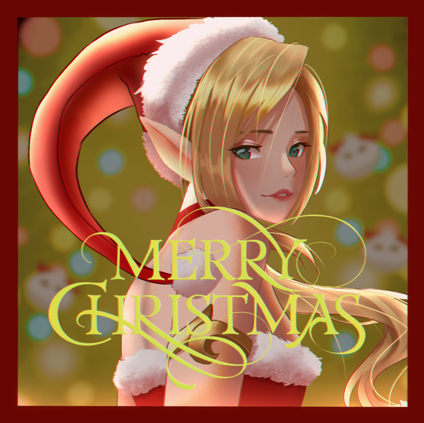 ambitious_elf_jinx blonde_hair christmas female gloves green_eyes hat jinx_(league_of_legends) league_of_legends pointy_ears santa_hat smile