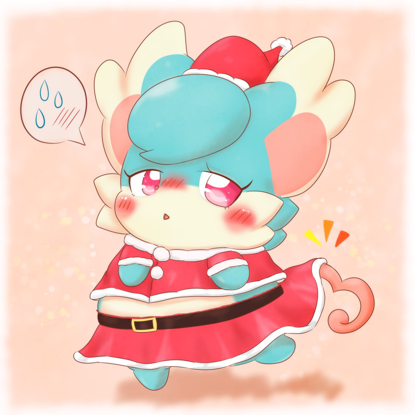 1:1 2018 anthro bibit birdon_(artist) blush christmas clothed clothing cocotama costume embarrassed hi_res himitsu_no_cocotama holidays looking_at_viewer mammal open_mouth pictographics pink_eyes santa_costume semi-anthro simple_background solo speech_bubble